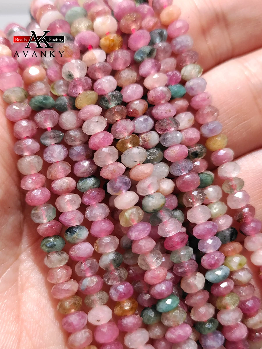 

Natural Stone Faceted Colored Tourmaline Beads Small Section Loose Spacer for Jewelry Making DIY Necklace Bracelet 15''3x4mm