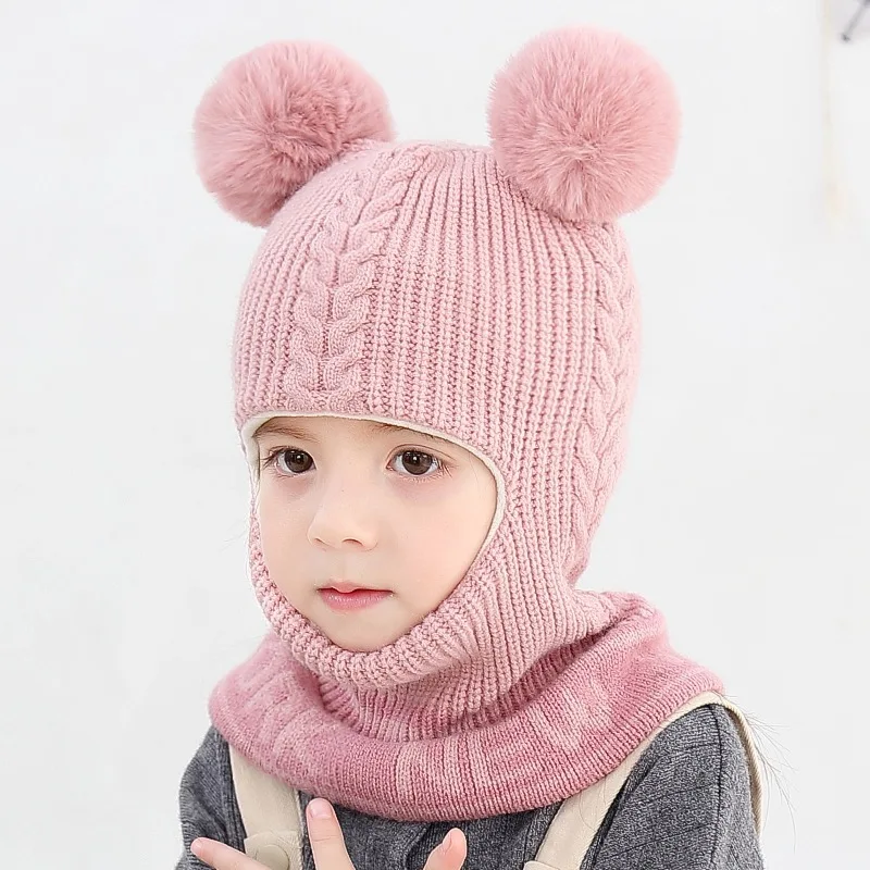 Warm Ski Cap With Ear Design Pom Winter 2 In 1 Knit Beanie Hat Scarf Windproof Mask For Kids Children\'s Sets