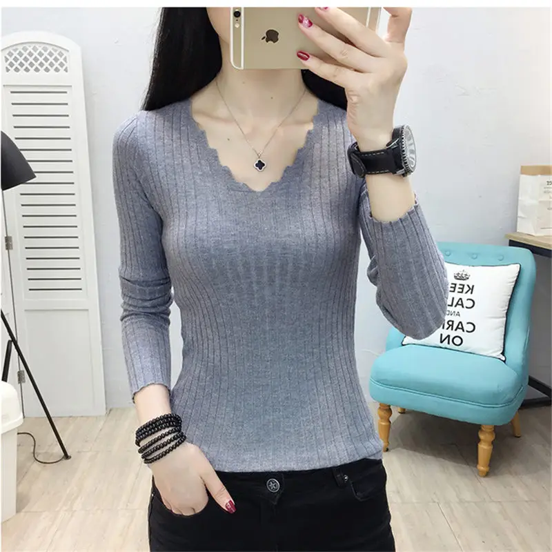 

Autumn Winter Gray Full Sleeve Slim Elastic Pullovers Sweaters Women Solid Soft Short Bottoming Knitted Sweater Female Jumper