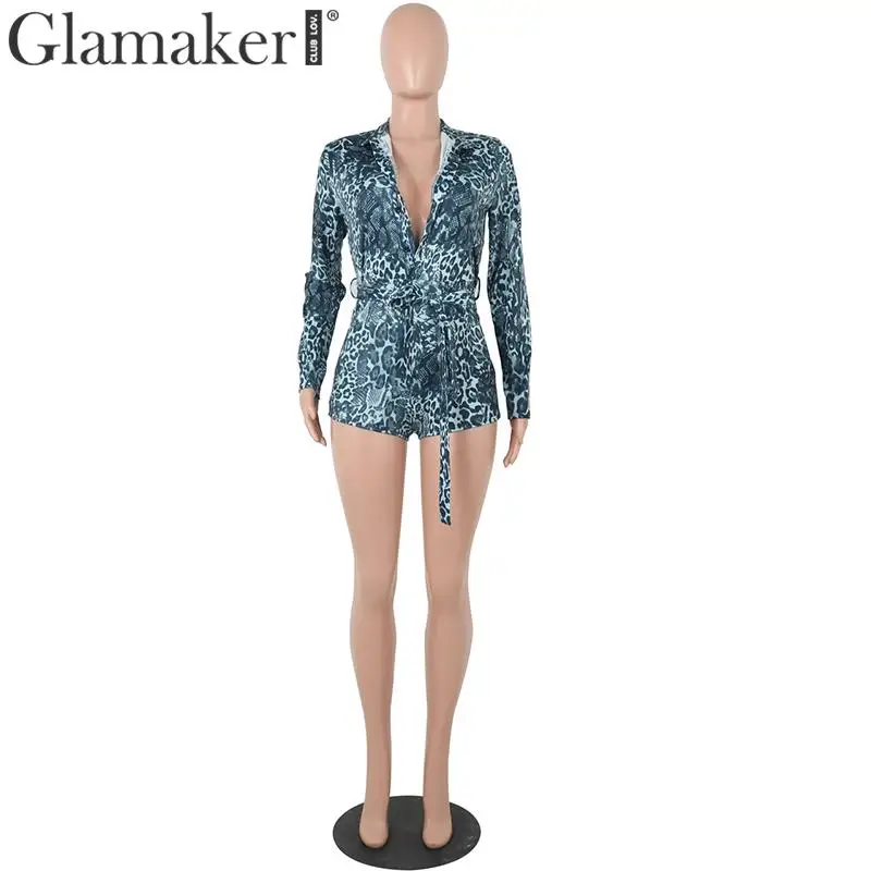 Glamaker, Леопардовый принт, длинный рукав, сексуальный Облегающий комбинезон для женщин, Осенние, вечерние, бандажный пояс, комбинезон, зимний женский костюм
