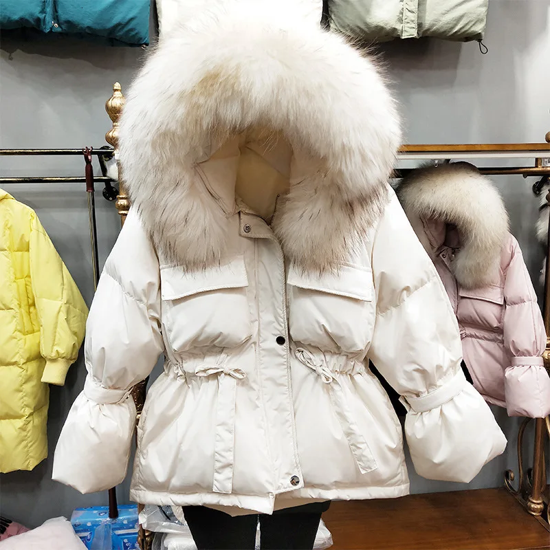 

Slim Winter Fashion Big Fur Collar Womens Down Jackets Parka Coat Female Women Tops Puffer Warm Feather Jacket Outerwear Tunic