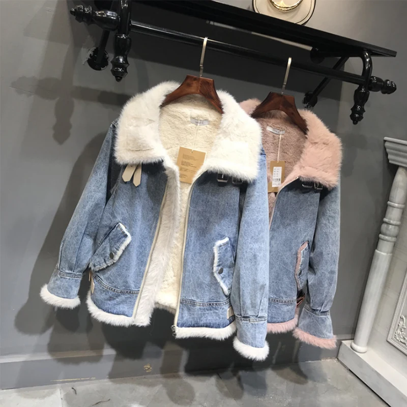remarkable  Spring Autumn Winter New 2019 Women lambswool jean Coat With Pockets Long Sleeves Warm Jeans Coat O