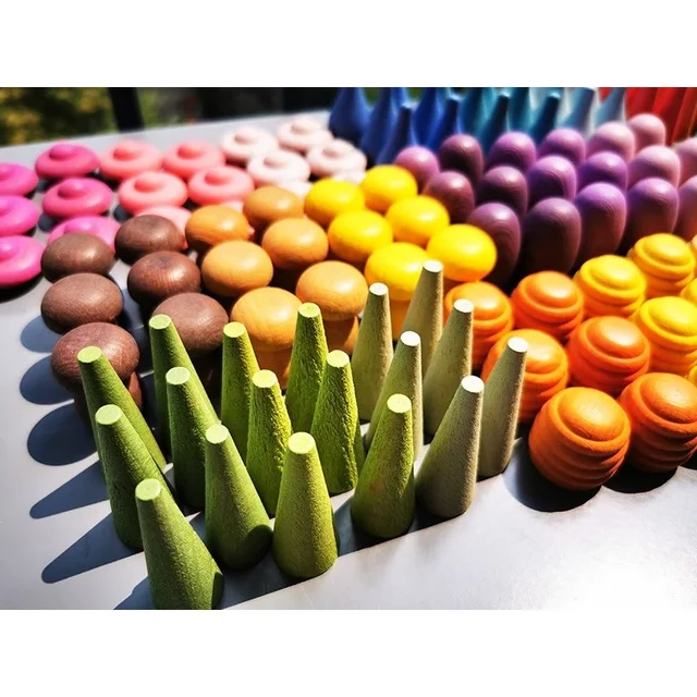 6pcs Children Wooden Rainbow Mandala Loose Parts Toys Mushrooms Honeycomb Droplets Tree Cones Mini Coins Building Blocks 1