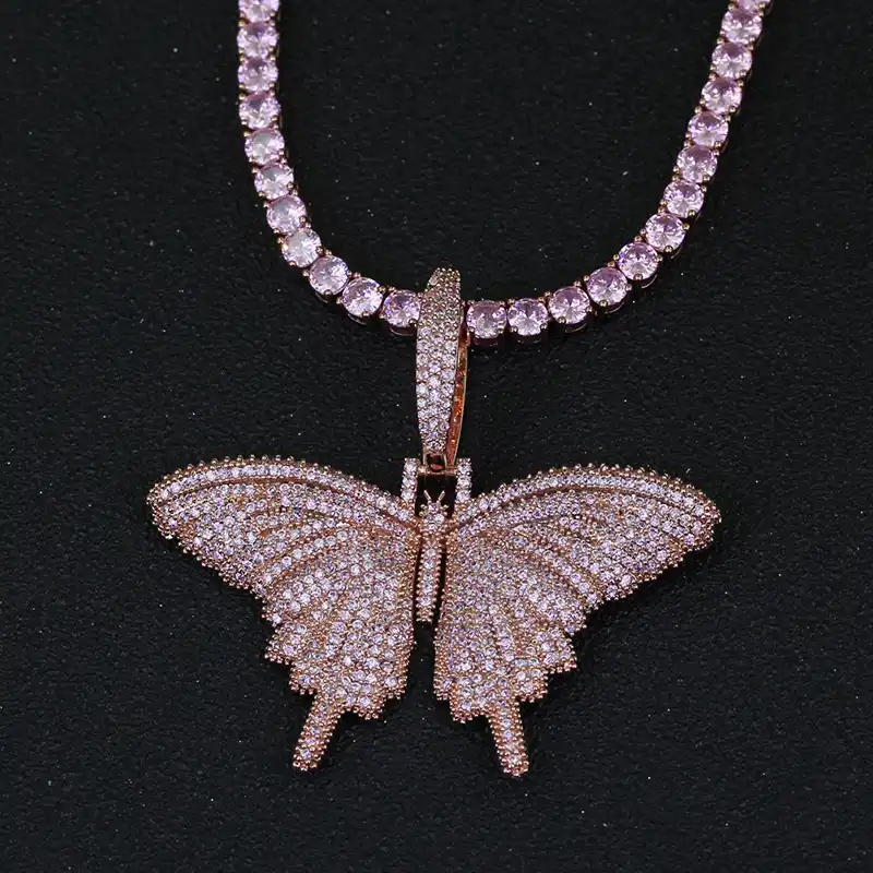 Download Iced Out Butterfly Pendant Necklace Tennis Chain With Icy Pink Butterfly Necklace Jewelry Gift For Her Necklaces Jewelry
