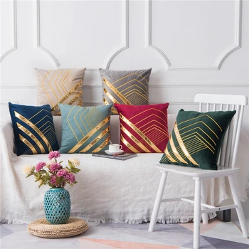 

Nordic Soft Velvet Cushion Cover 45*45cm Geometric Striped Pillowcase Embroidery Cover Blue Grey Decorative Pillows For Sofa Bed