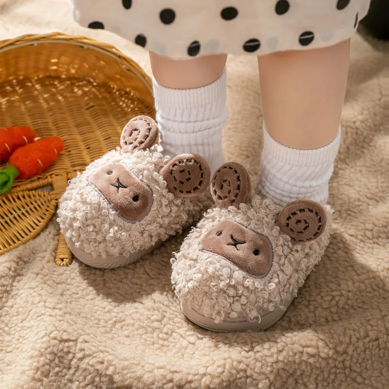 Children Lovely Cotton Slippers Baby Boy Girl Indoor Furry Home Shoe Cute Cartoon Lamb Kids Slippers Winter Thick Warm Flat Shoe