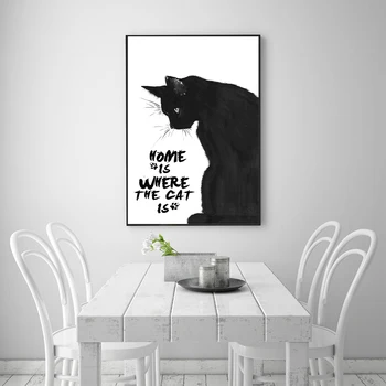 

Nordic Poster Black White Wall Art Cat Painting Quotes Wall Decor Cuadros Decoracion Cute Cat Home is where cat is Cat Picture