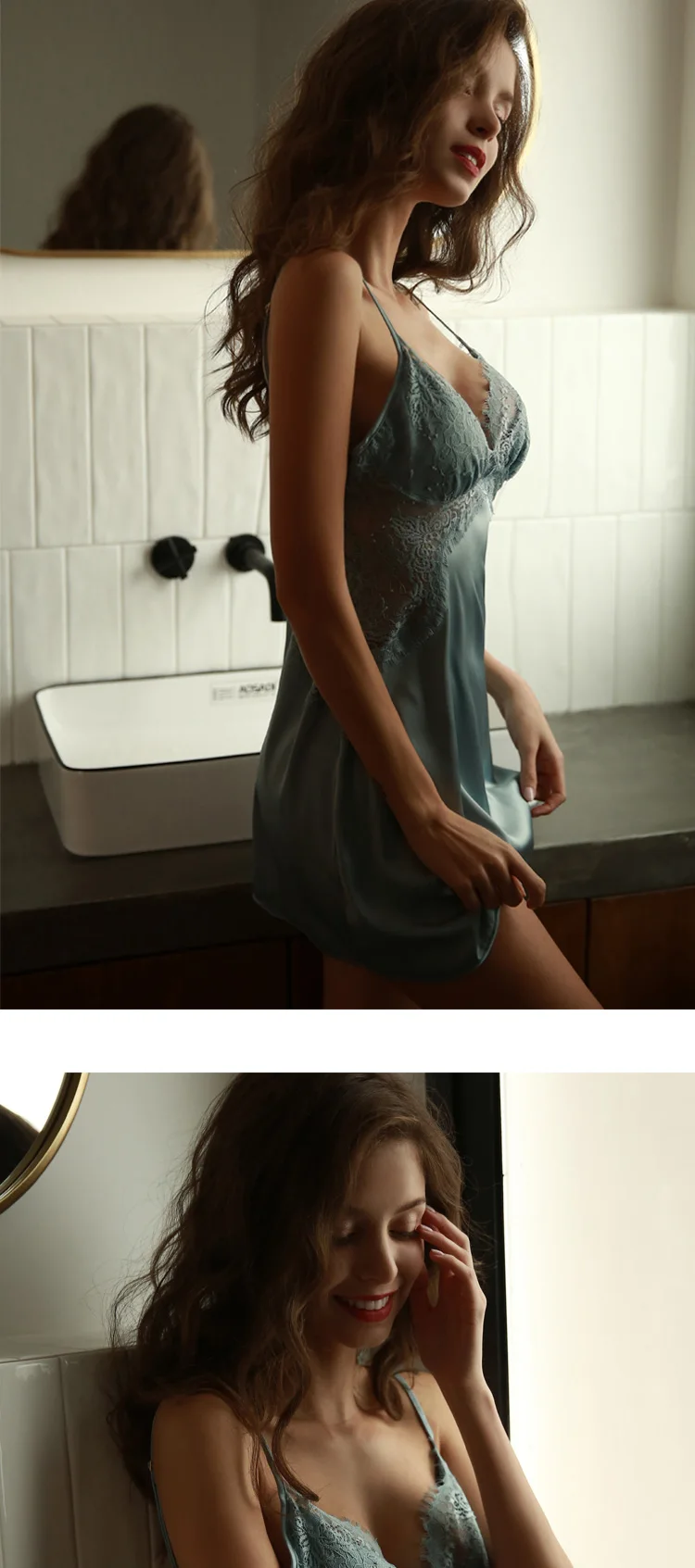 Сексуальная женская летняя ночная рубашка, шелковая атласная кружевная женская ночная рубашка, одежда для сна