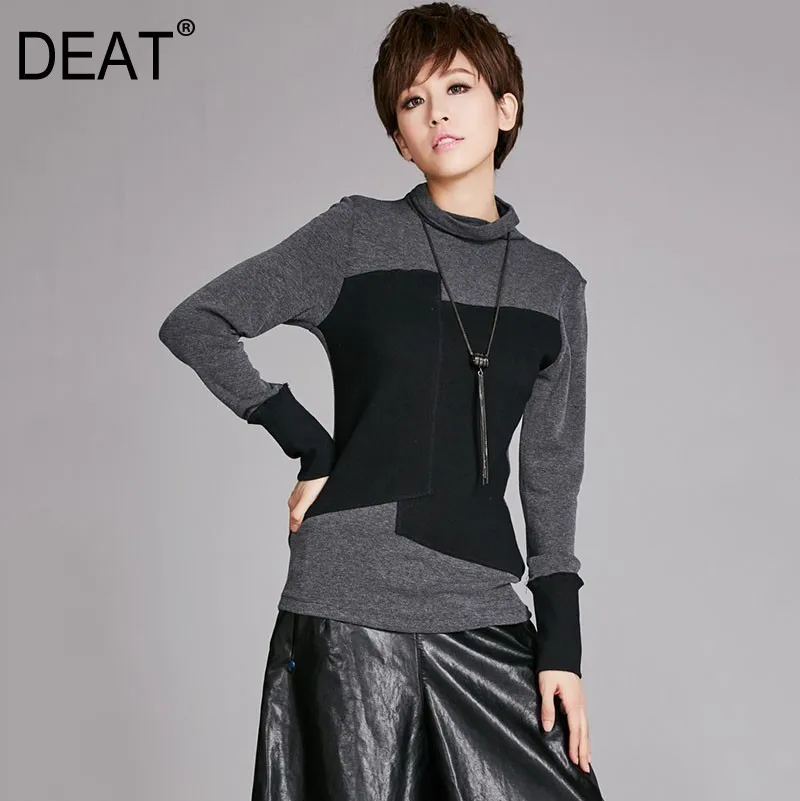 [DEAT] 2022 New Autumn Winter High Collar Long Sleeve Hit Color Irregular Brief Split Joint T-shirt Women Fashion Tide JO10