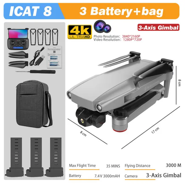 MFM 3-Axis EIS Camera Drone GPS 8K 35min 360° Obstacle Avoidance Professional 5G FPV 1.5Km Long Distance Brushless Icat8 Dron 4K 3-Axis 4K 3B Bag WH