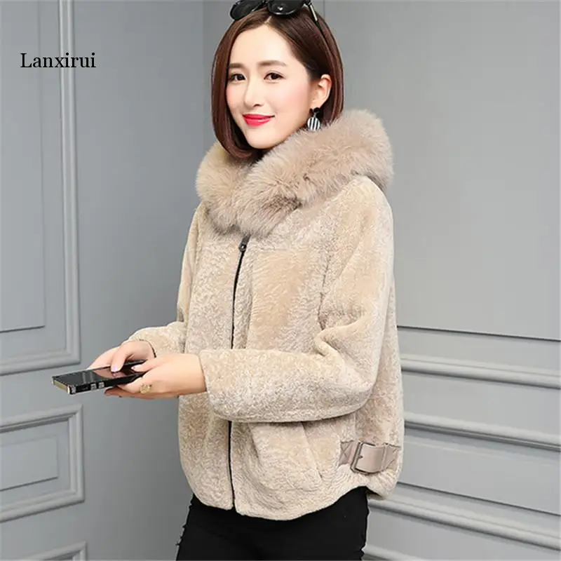 Зимний женский корейский мягкий искусственный овечий стриженый мех Свободное пальто женский искусственный Лисий мех с капюшоном толстые теплые куртки верхняя одежда