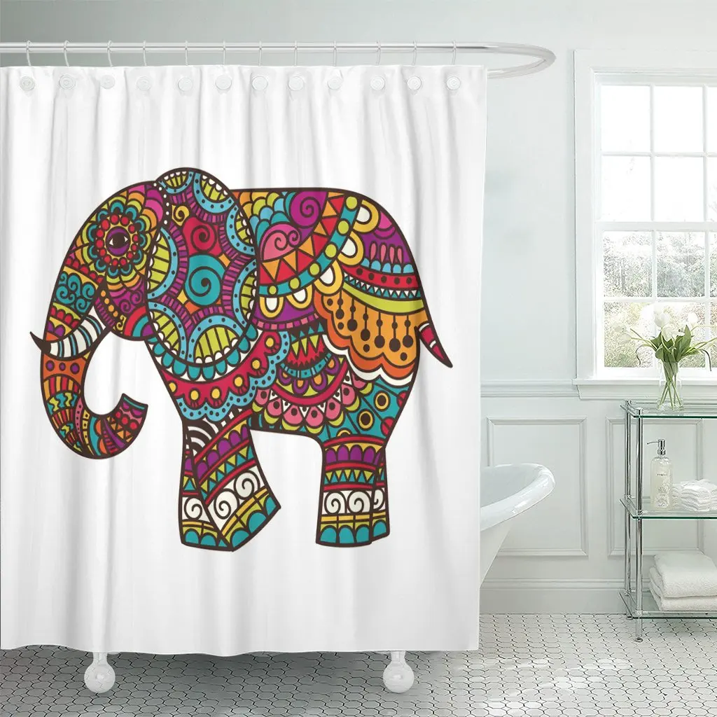 Culture Elephant Indian with Ornaments India Shower Curtain Polyester Fabric 72 x Inches Set Hooks | Дом и сад
