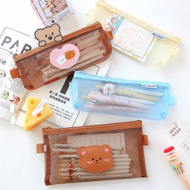 Cute Mesh Pencil Case Transparent Pens Pouch Simple Aesthetic Bag Organizer  Office School Supplies for Student Stationary - AliExpress