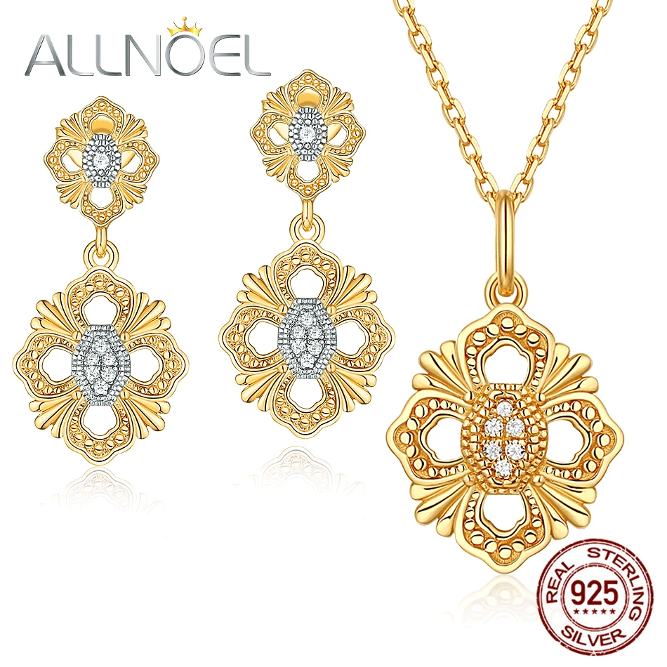 

ALLNOEL Silver 925 Jewelry Sets For Women White Zircon Gemstone Necklace Earrings Gold Color Separation Plated Fine Jewelry