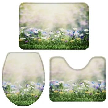

Meadow Wildflower Spring Sunshine Bath Set Toilet Cover Mat Pedestal Rug Non-Slip Bathroom Rug Set