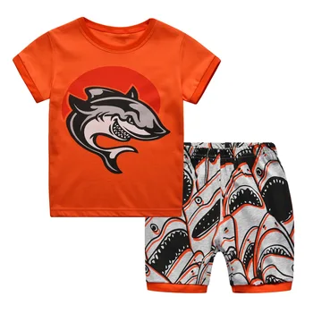 

Summer boy Pyjamas Knit Cartoon shark girls Pajamas Home Service Short-sleeved Shorts kids Pajama Set Baby Clothes Red
