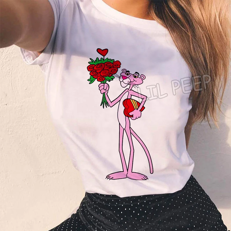 

New Arrival 2019 Pink Panther Surprise Print Funny T Shirts Aesthetic O-Neck Tshirt Casual Cotton Punk Graphic Tees Women
