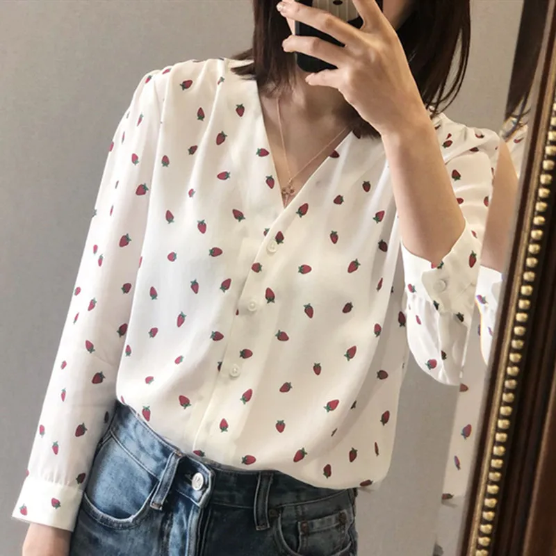 

Cute Little Strawberry Print Silk Blouse Women V Neck Casual Long Sleeve Shirt Top