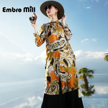 

Spring Women's New Retro Style 2 Piece Set Long Printed Silk Shirt + High Waist Wide Leg Pants Two-Piece Suit S-XL