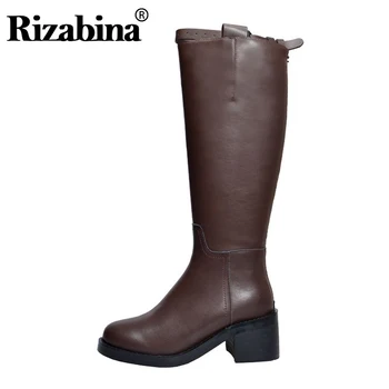 

RIZABINA New Winter Simple Real Leather Knight Boots For Women Knee High Boots Zipper Square Heel Footwear Women Size 33-40