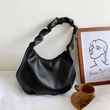 

Women Pure Color Shoulder Armpit Wrist Bag Elegant Leather Pleated Hobo Handbags Pure Purse Satchel Shopping Tote