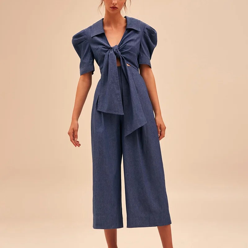 

2020 Season V Collar Lace Short Sleeve Small Heart Machine Gao Waist Loose Siamese Pants Female