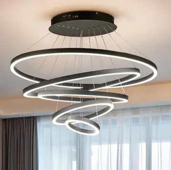 

Led Nordic restaurant chandelier creative ring office lighting loft bar table villa large living room lamp personality black