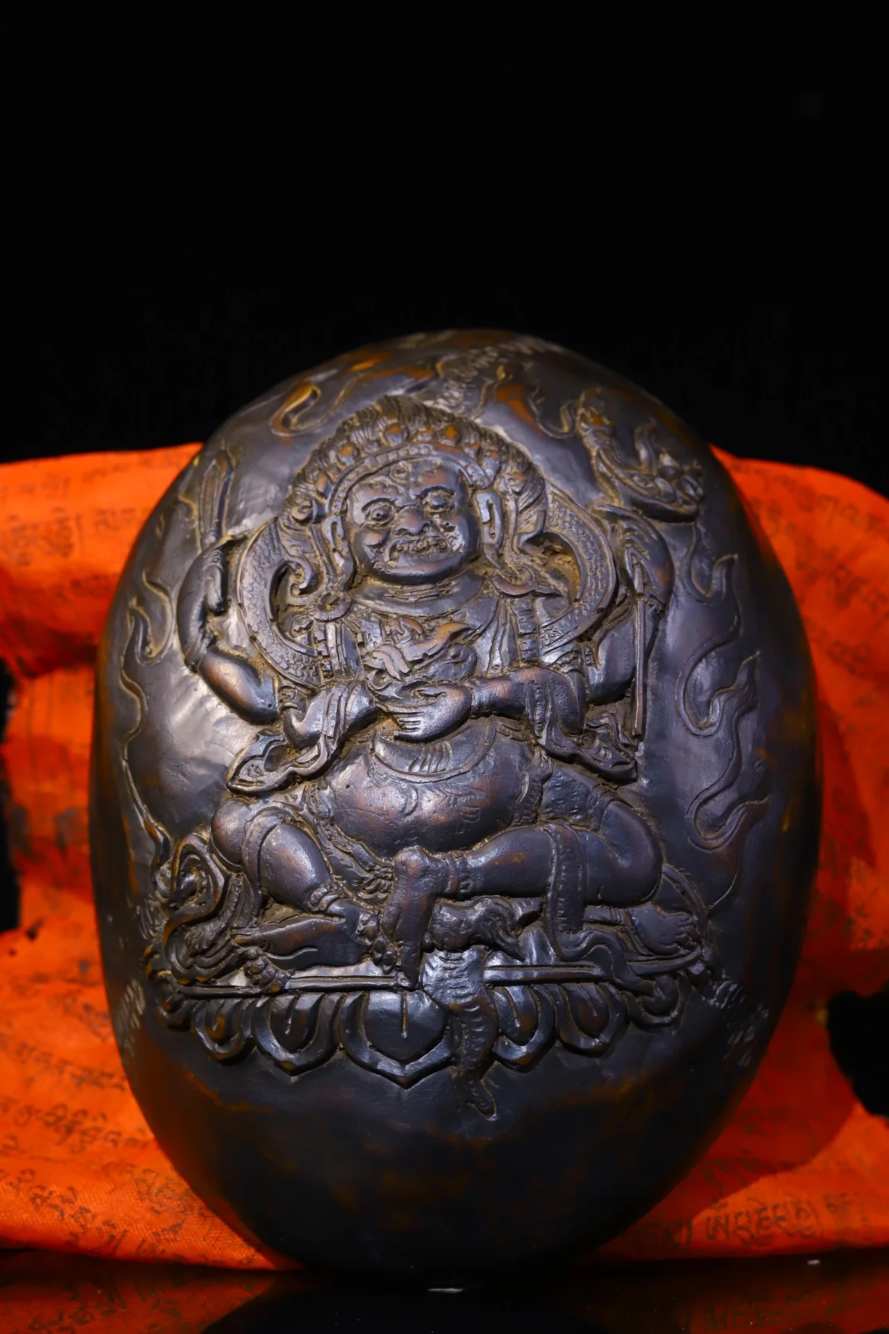 

6"Tibetan Temple Collection Old Tibetan silver Gabala Bowl Skull head Four-armed Mahakala Buddha Dharma Ornaments Town House