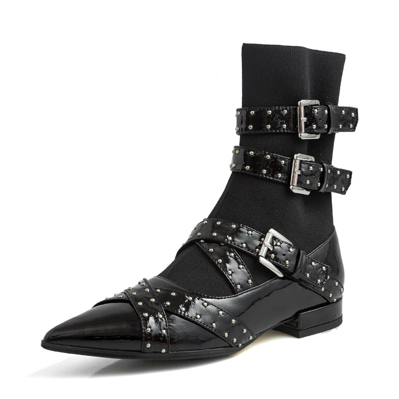 

COOLULU Rivets Cow Leather Knitting Booties Buckle Straps Thick Heel Black Ankle Boots Studded Decorated Woman Boots Motorcycle