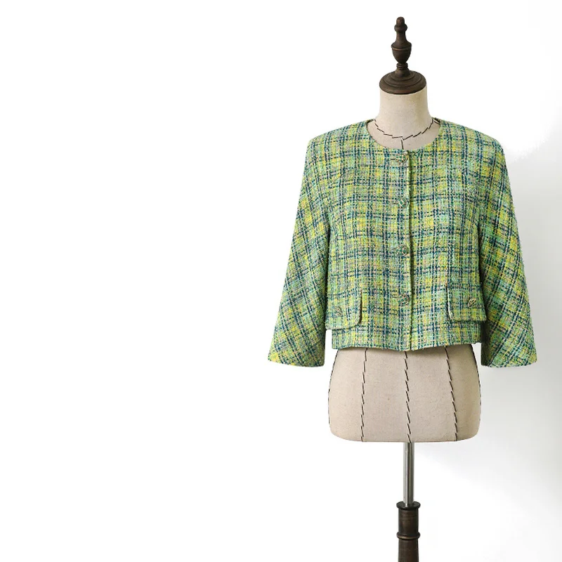 

2019 autumn women o-neck vintage green diamonds buttons tweed coat plaid knitted brief short weave jackets y416