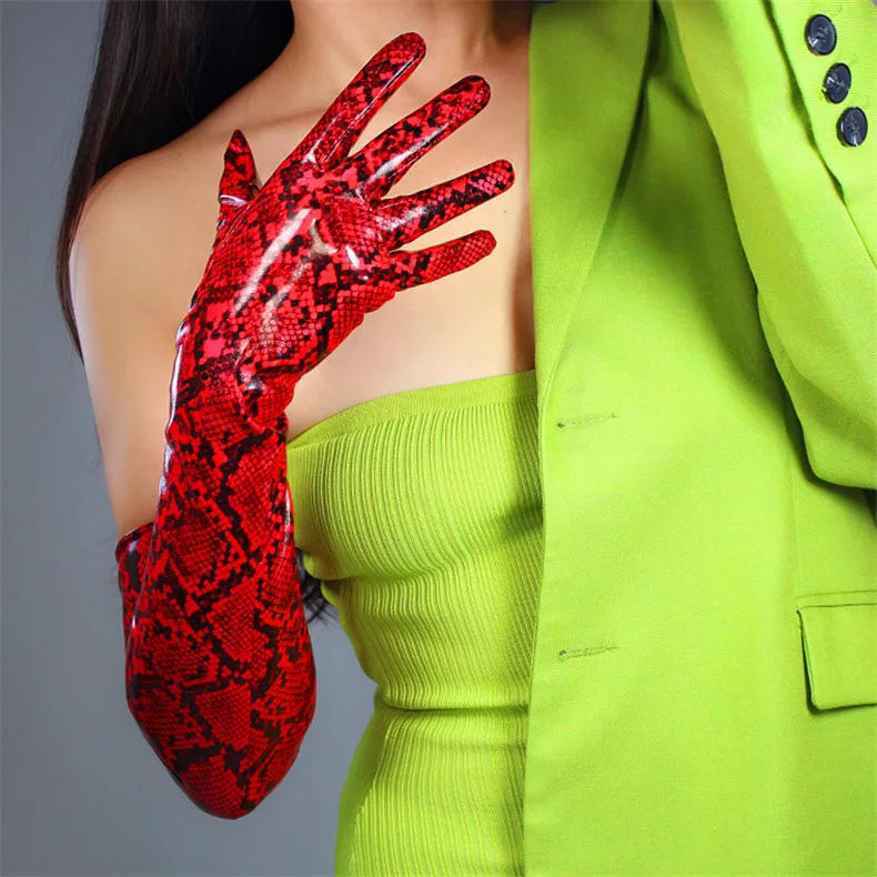 Snakeskin Extra Long Gloves 60cm Patent Leather Faux Leather PU Shine Leather Animal Pattern Python Red Female PU151