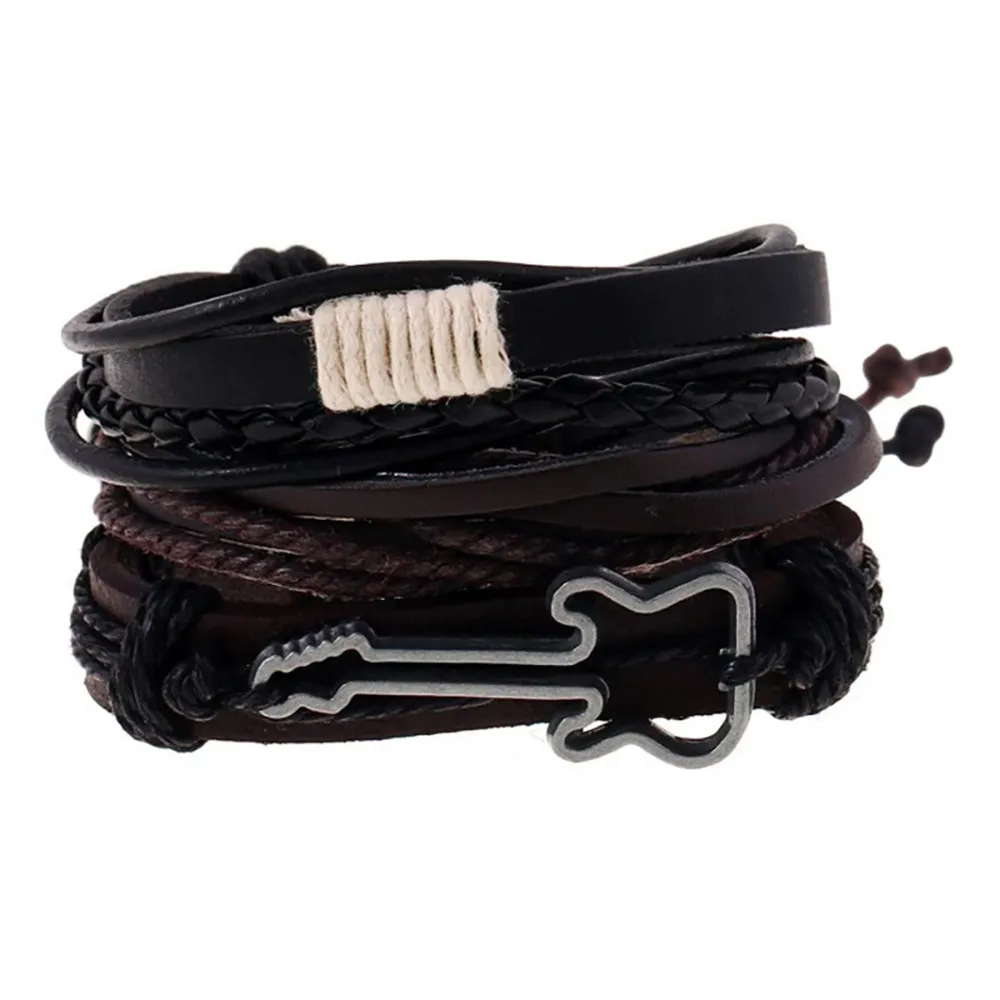 Женский простой винтажный тканый кожаный браслет из сплава Гитарный комплект кожаного браслет 3 шт. регулируемый ремешок на руку черная цепочка