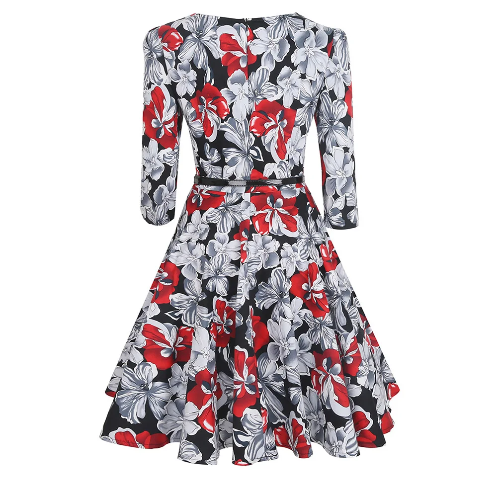 Kenancy цветочный принт женское винтажное платье круглый воротник половина рукава femme Vestidos Высокая талия пояс А-силуэт женское Повседневное платье