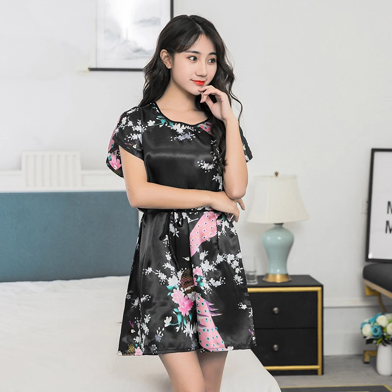 Round Neck Oriental Japanese Yukata Dress for Woman Kimono Bridesmaid Pajamas Short Sleeve Satin Silk Sexy Home Wear Nightgown - Цвет: Color10