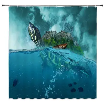 

Sea Turtle Shower Curtain Decor Island Wooden Boat Cloudy Fabric Bath Curtains Bathroom Accessories Waterproof Polyester with
