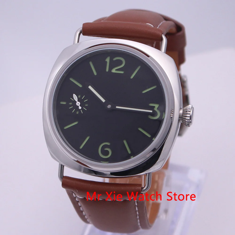 

45mm Watch Men Hand Winding Mechanical Movement Stainless Steel Case Luminous Waterproof Leather Strap Wristwatch Men