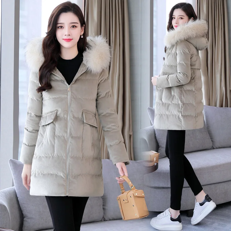 

Pocket Zipper Solid Color Fur Collar Mid-length Loose And Comfortable 2019 Autumn And Winter New Style Cotton-padded Clothes Fas