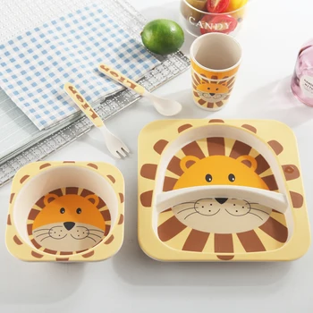 

5PCs/set Cartoon Bamboo Fiber Children Tableware Set with Plate Bowl Fork Cup Spoon Kids Baby Feeding Gifts Dinnerware Dishes