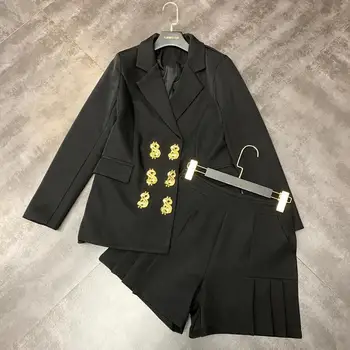 

2 Piece Set Ladies Office Suits Spring New Diamond Metal Double Breasted Suit Coat + Double Pockets Shorts Ol Two-Piece Set