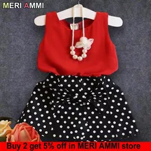 MERI AMMI/комплект одежды из 2 предметов, детский комплект одежды для девочек, жилет без рукавов с бантом+ юбки в горох для От 2 до 11 лет и девочек J514