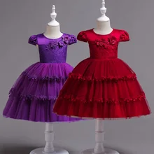 Аппликации Платье в цветочек для девочек для Одежда для свадьбы, дня рождения Платья для девочек, платье принцессы с многослойной юбкой, кружевное платье с юбкой-пачкой платье формальное платье Возраст 4, 6, 8, 10, 12 лет