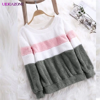 

UIDEAZONE Fleece Fur Contrast Color Girls Hoodies Kawaii O-neck Casual Pullovers Winter Streetwear Plush Warm Sweatshirt