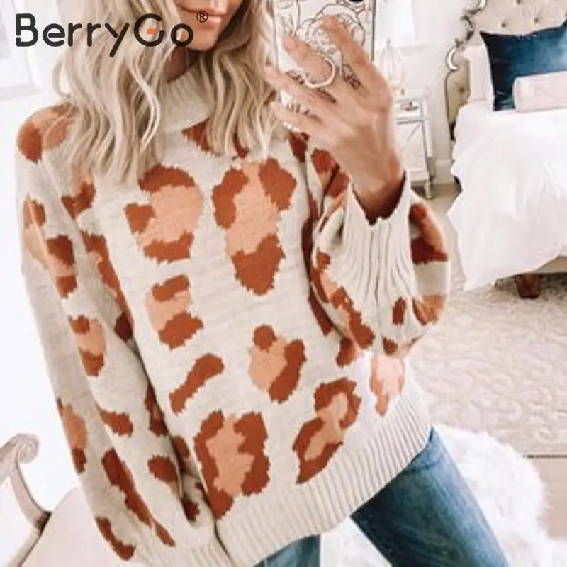 BerryGo водолазка с леопардовым принтом пуловер свитер для женщин Повседневная