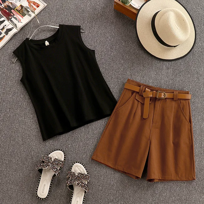 

2019 Summer New Women's Sets Fashion Sleeveless Vest Shirt Wide Leg Pants Shorts Overalls Two-piece Suit Women Free Shipping