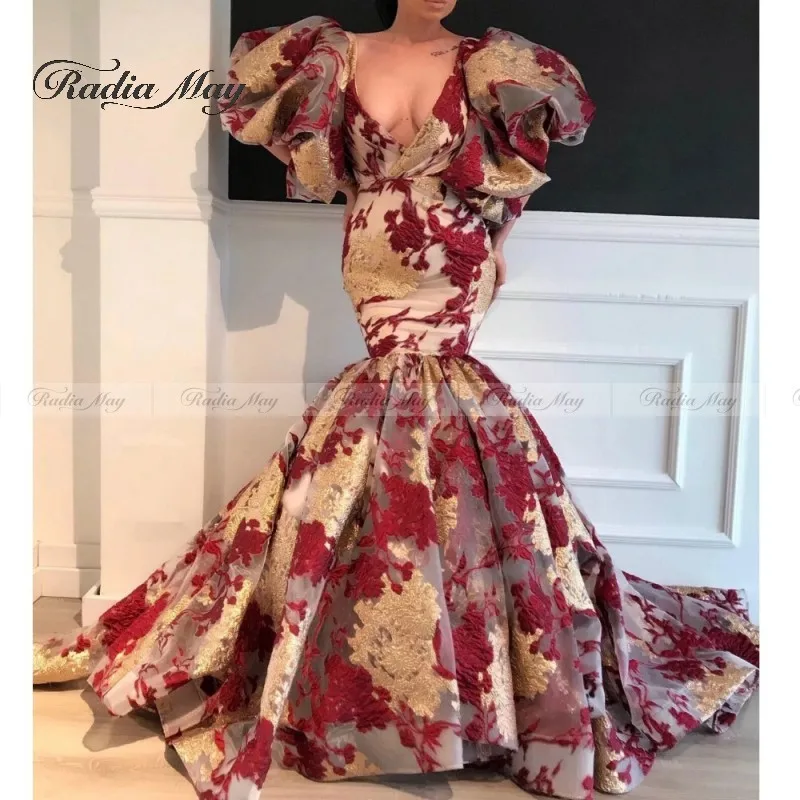 Дубай кружевное платье с цветочным рисунком Prom Dress Mermaid короткий Пышный рукав V образным вырезом длинным шлейфом для девочек; платье для выпускного вечера арабское вечернее платье Для женщин торжественное вечернее платье