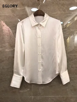 

High Quality Work Blouses 2020 Spring Style Women Turn-down Collar Silver Striped Prints Long Sleeve Black White Blouse Shirts
