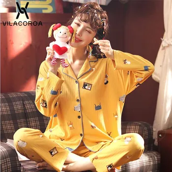

Cute Cartoon Long Pajama For Women Print Lapel Button Long Sleeve Home Suit Autumn And Winter New Girl Lingerie Nuisette
