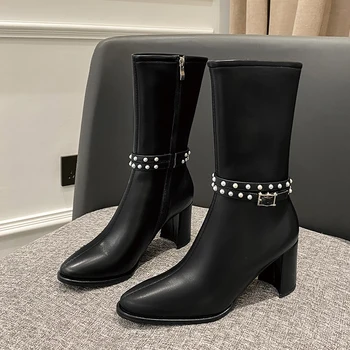 

Women Natural Genuine Leather Chunky Heels Boots High Heel Shoes Winter Mid Calf Boots Ladies dress party shoes woman size 42 43