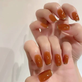 

French Long Amber Color Fake Nail Summer New Product Micro-transparent Jelly Color Silver Edge Nail Patch Girl