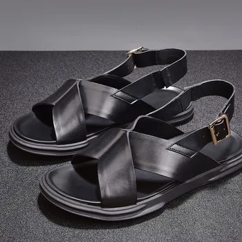 

Mens Brand Summer New Geunine Leather Flat Open Toe Breathable Buckle Strap Leisure Black Male Cowhide Beach Sandals